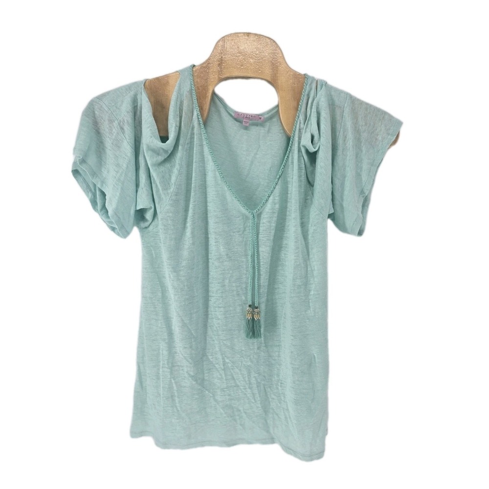 Calypso St Barth Top Women Medium Green Cold Shoulder Linen Tassel V-Neck Trim